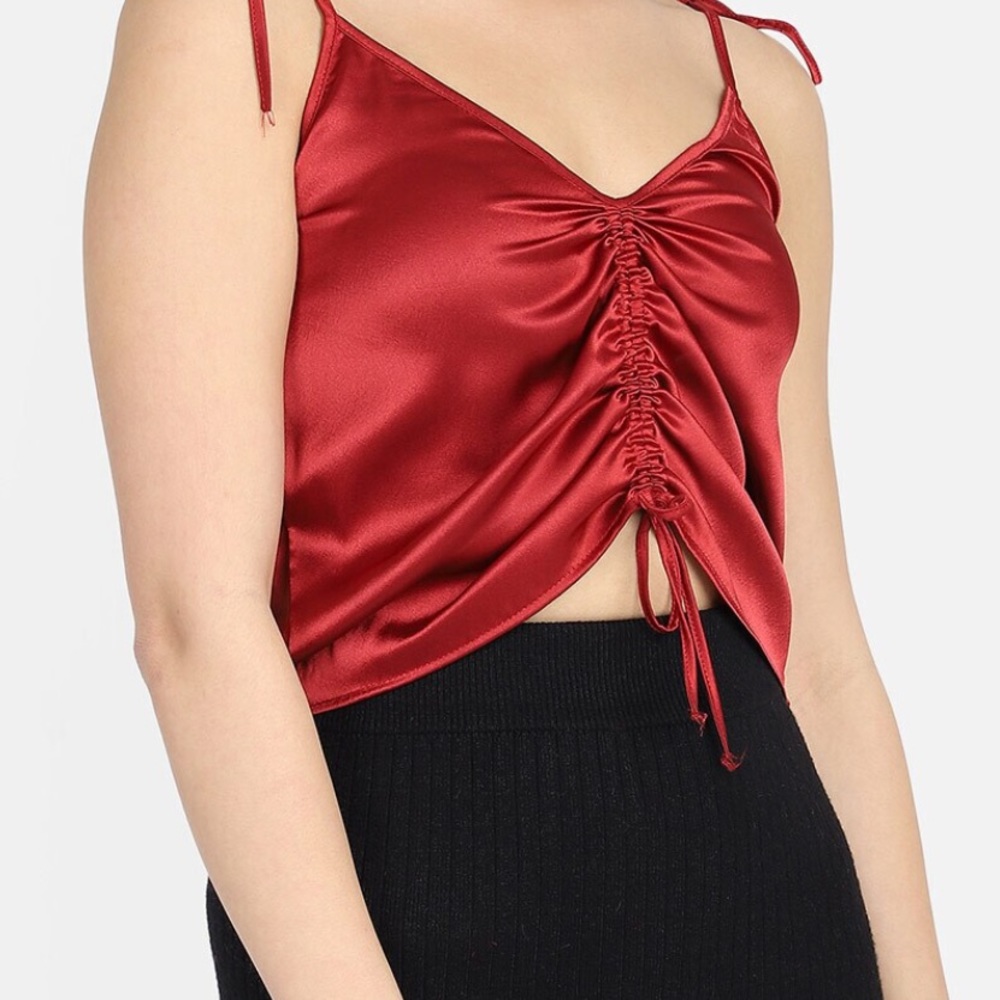 RED SILKY RUCHED CROP TOP